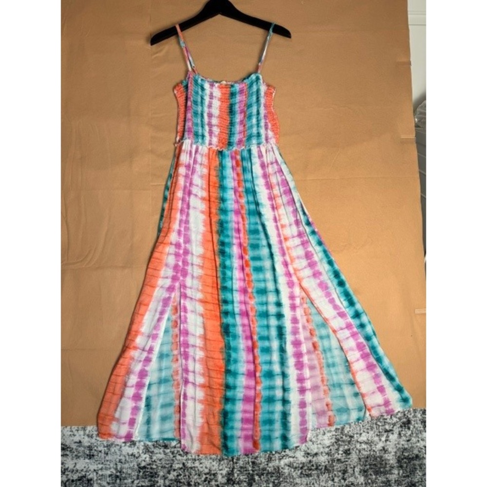 Purple Rain Women's L Tie Dye Maxi Dress Smocked Boho Beach Sundress Rayon